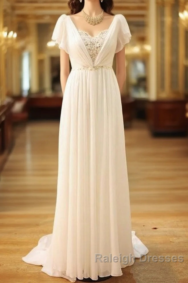 Popular Vintage Wedding Dresses Bohemia Short Sleeves Beads Peals Chiffon Bridal Dress Main image
