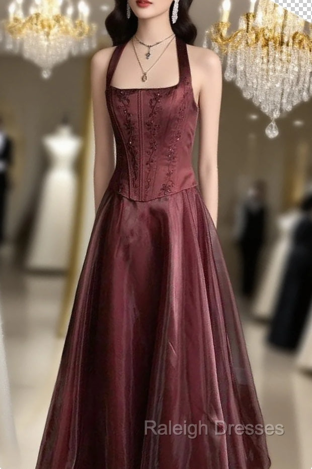 Pretty A Line Halter Burgundy Sleeveless Evening Dress Organza Long Prom Dresses Main image