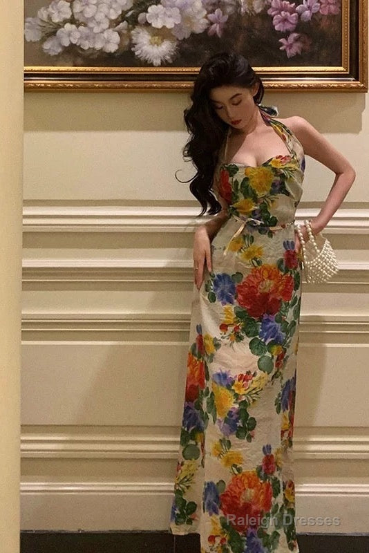 Pretty A Line Halter Floral Long Prom Dresses Birthday Outfits Evening Gown