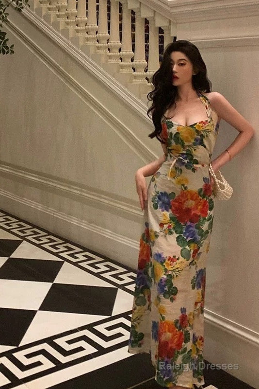 Pretty A Line Halter Floral Long Prom Dresses Birthday Outfits Evening Gown