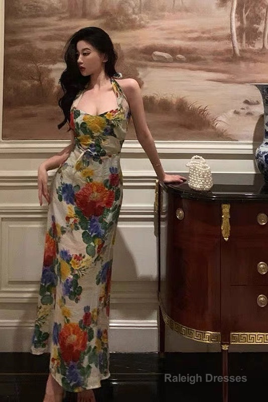 Pretty A Line Halter Floral Long Prom Dresses Birthday Outfits Evening Gown Main image