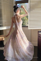 Pretty A-Line Halter Pink Chiffon Floral Ankle Length Prom Dresses