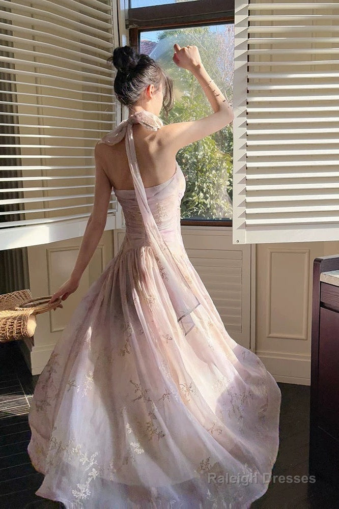 Pretty A-Line Halter Pink Chiffon Floral Ankle Length Prom Dresses