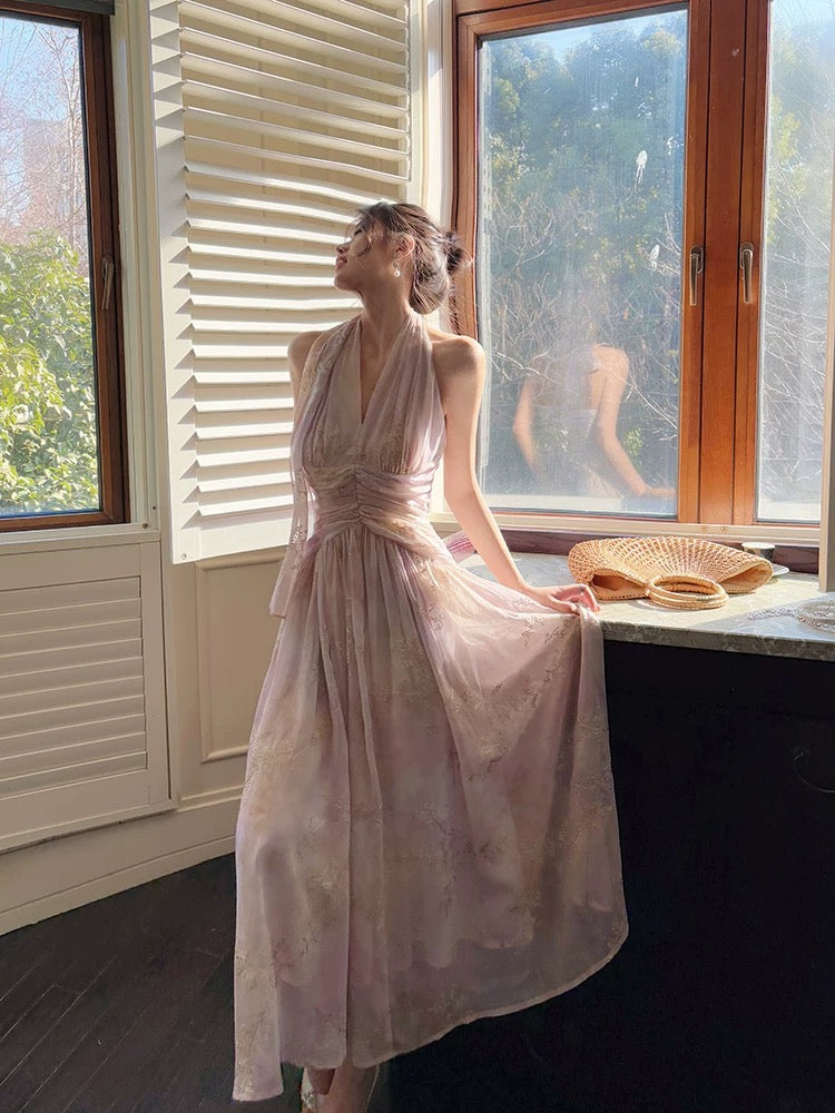 Pretty A Line Halter Pink Chiffon Floral Ankle Length Evening Dress Prom Dresses Secondary image