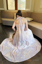 Pretty A-Line Halter Pink Chiffon Floral Ankle Length Prom Dresses