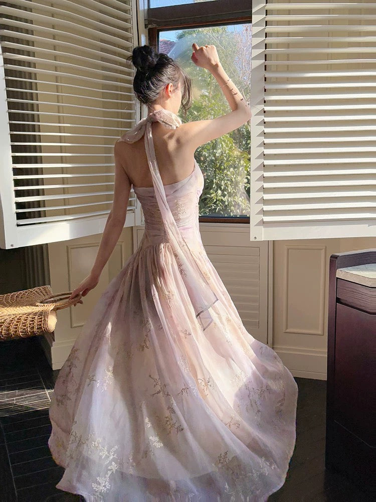 Pretty A Line Halter Pink Chiffon Floral Ankle Length Evening Dress Prom Dresses