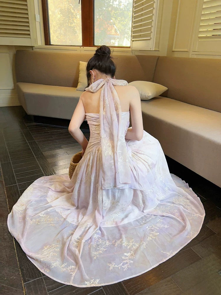 Pretty A Line Halter Pink Chiffon Floral Ankle Length Evening Dress Prom Dresses