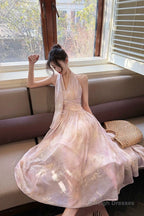 Pretty A-Line Halter Pink Chiffon Floral Ankle Length Prom Dresses