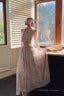 Pretty A-Line Halter Pink Chiffon Floral Ankle Length Prom Dresses