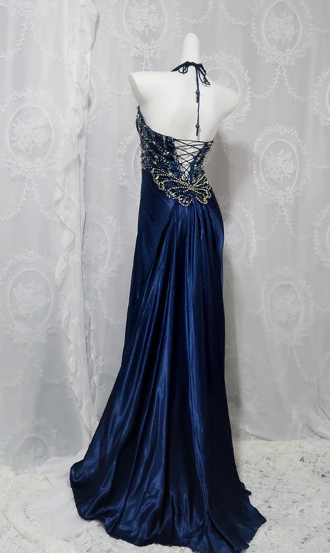 Pretty A Line Halter Sleeveless Navy Blue Slit Beads Long Prom Dress Evening Dresses