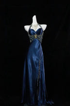 Pretty A Line Halter Sleeveless Navy Blue Slit Beads Long Prom Dress Evening Dresses
