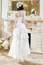 Pretty A-Line High Low Ruffles Long Prom Dresses Lace White Prom Dress
