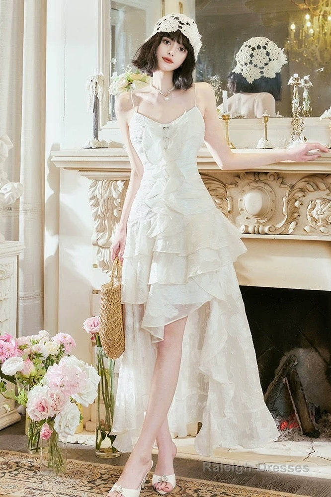 Pretty A Line High Low Ruffles Long Evening Dress Lace White Prom Dresses