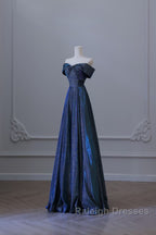 Pretty A Line Off The Shoulder Blue Sequin Long Prom Dresses Evening Gowns