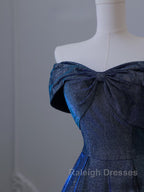 Pretty A Line Off The Shoulder Blue Sequin Long Prom Dresses Evening Gowns