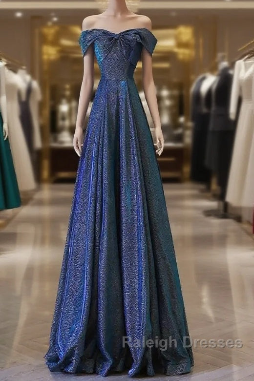 Pretty A Line Off The Shoulder Blue Sequin Long Prom Dresses Evening Gowns Main image