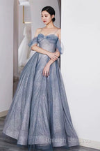 Pretty A Line Off The Shoulder Blue Sequin Tulle Long Length Evening Dress Prom Dresses