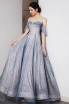 Pretty A Line Off The Shoulder Blue Sequin Tulle Long Length Evening Dress Prom Dresses