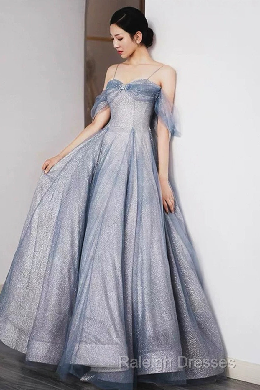 Pretty A Line Off The Shoulder Blue Sequin Tulle Long Length Evening Dress Prom Dresses