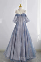 Pretty A Line Off The Shoulder Blue Sequin Tulle Long Length Evening Dress Prom Dresses