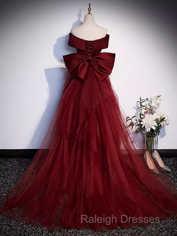 Pretty A Line Off The Shoulder Burgundy Satin Long Evening Party Dress Prom Dresses With Bow