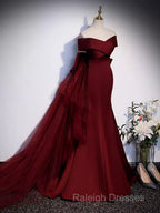 Pretty A Line Off The Shoulder Burgundy Satin Long Evening Party Dress Prom Dresses With Bow