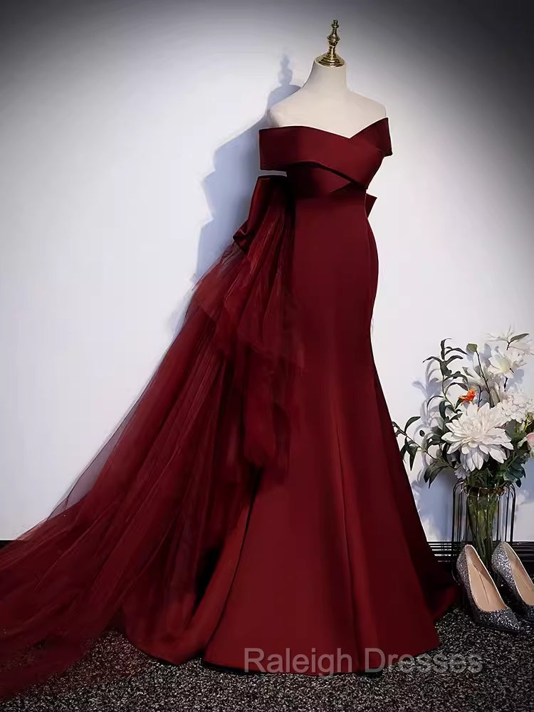 Pretty A Line Off The Shoulder Burgundy Satin Long Evening Party Dress Prom Dresses With Bow
