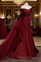 Pretty A Line Off The Shoulder Burgundy Satin Long Evening Party Dress Prom Dresses With Bow