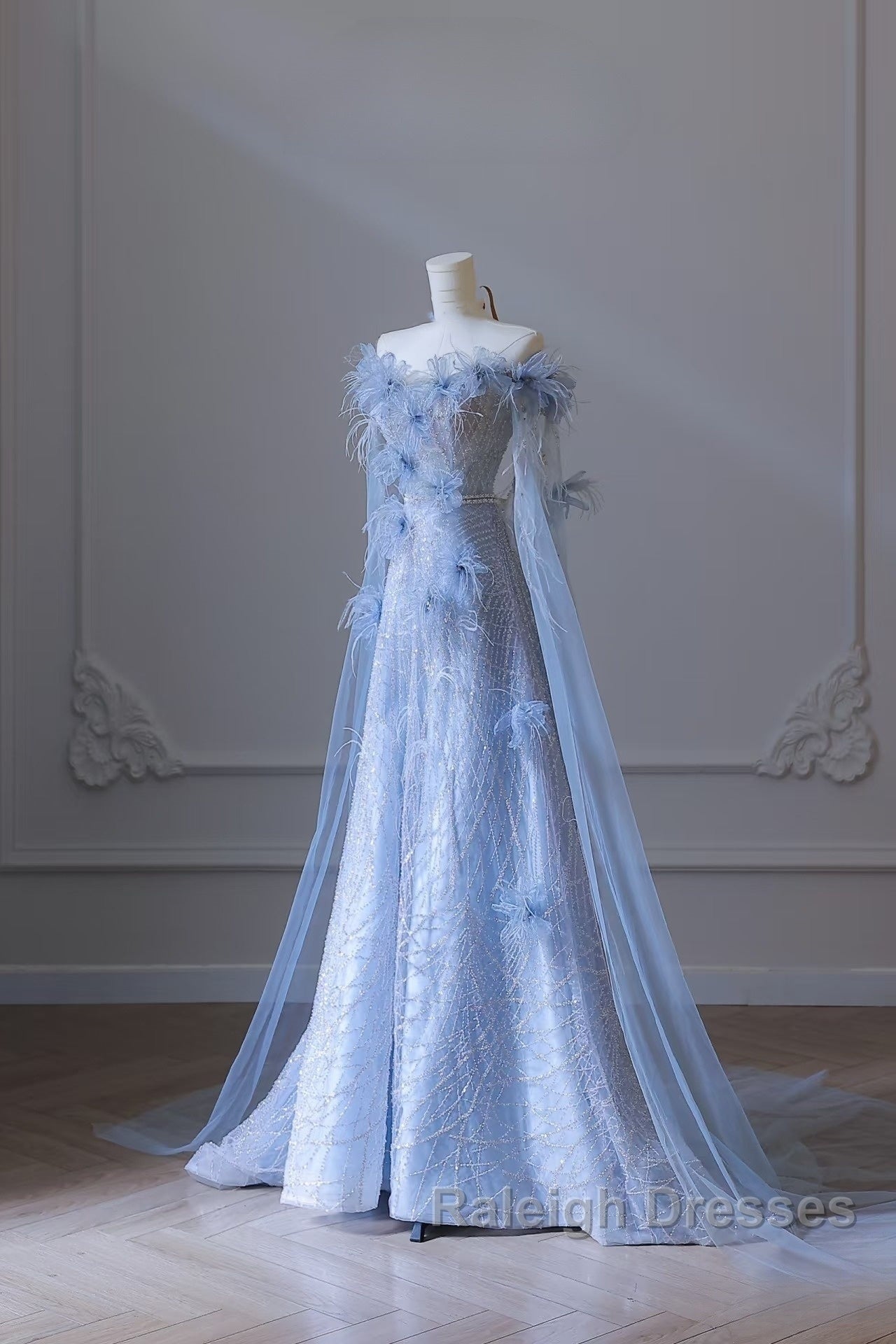 Pretty A Line Off The Shoulder Floor-Length Blue Sequin Short Sleeves Evening Dress Prom Dresses