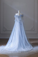 Pretty A Line Off The Shoulder Floor-Length Blue Sequin Short Sleeves Evening Dress Prom Dresses