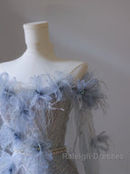 Pretty A Line Off The Shoulder Floor Length Blue Sequin Short Sleeves Prom Dresses