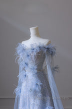 Pretty A Line Off The Shoulder Floor Length Blue Sequin Short Sleeves Prom Dresses
