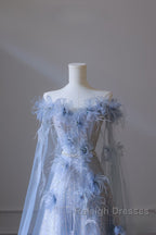 Pretty A Line Off The Shoulder Floor-Length Blue Sequin Short Sleeves Evening Dress Prom Dresses