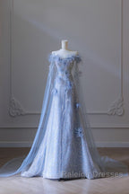 Pretty A Line Off The Shoulder Floor Length Blue Sequin Short Sleeves Prom Dresses