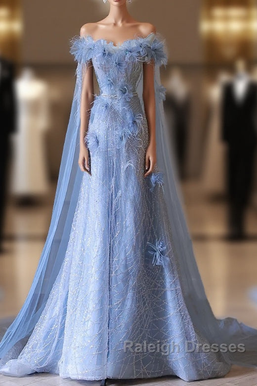 Pretty A Line Off The Shoulder Floor Length Blue Sequin Short Sleeves Prom Dresses