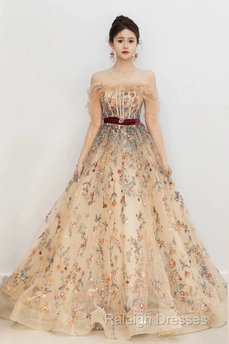 Pretty A Line Off The Shoulder Long Sleeves Floral Tulle Long Length Evening Dress Prom Dresses Secondary image