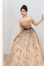 Pretty A Line Off The Shoulder Long Sleeves Floral Tulle Long Length Evening Dress Prom Dresses