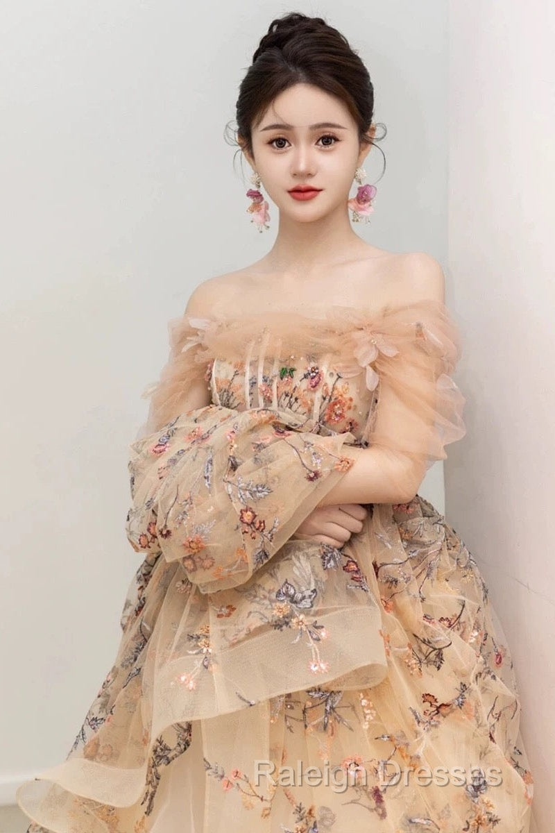 Pretty A Line Off The Shoulder Long Sleeves Floral Tulle Long Length Evening Dress Prom Dresses