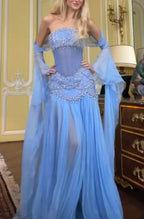Pretty A-Line Off The Shoulder Maxi Long Prom Light Blue Chiffon Prom Dress Prom Dresses