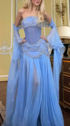 Pretty A-Line Off The Shoulder Maxi Long Prom Light Blue Chiffon Prom Dress Prom Dresses