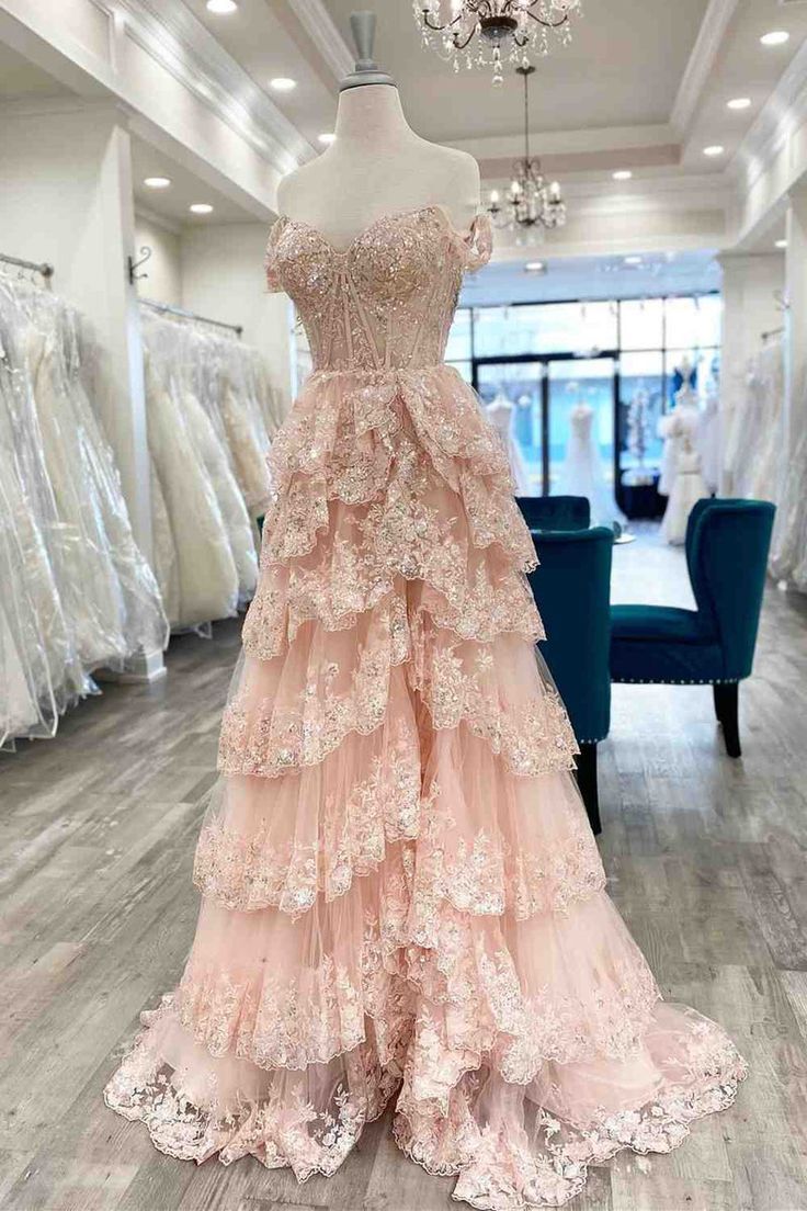 Pretty A-Line Off The Shoulder Pink Lace Slit Prom Dress Long Prom Dresses