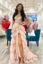 Pretty A-Line Off The Shoulder Pink Lace Slit Prom Dress Long Prom Dresses