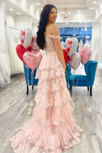 Pretty A-Line Off The Shoulder Pink Lace Slit Prom Dress Long Prom Dresses