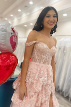 Pretty A-Line Off The Shoulder Pink Lace Slit Prom Dress Long Prom Dresses