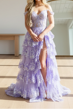 Pretty A-Line Off The Shoulder Pink Lace Slit Prom Dress Long Prom Dresses