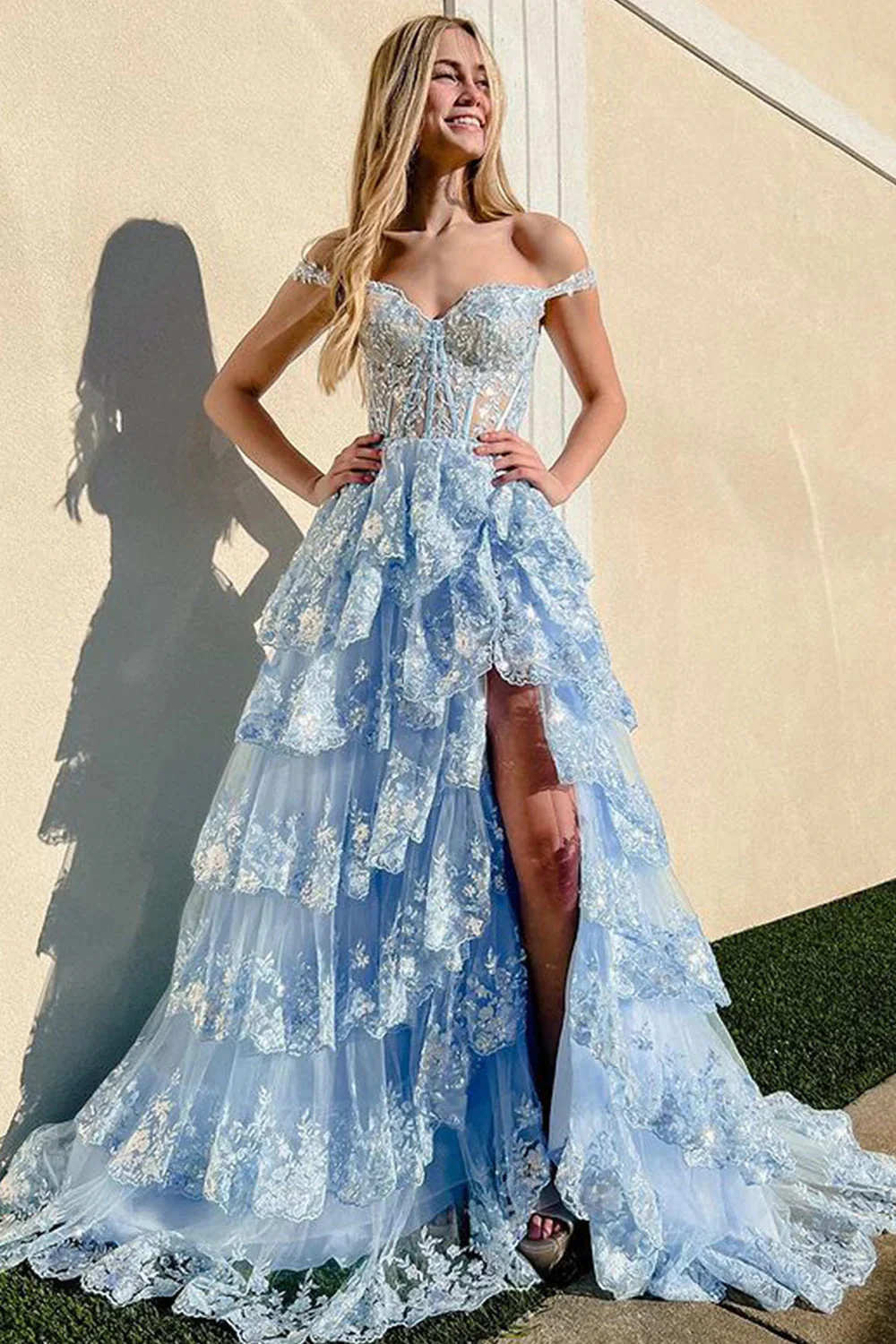 Pretty A-Line Off The Shoulder Pink Lace Slit Prom Dress Long Prom Dresses
