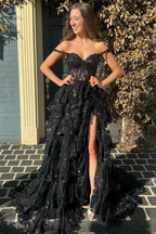 Pretty A-Line Off The Shoulder Pink Lace Slit Prom Dress Long Prom Dresses