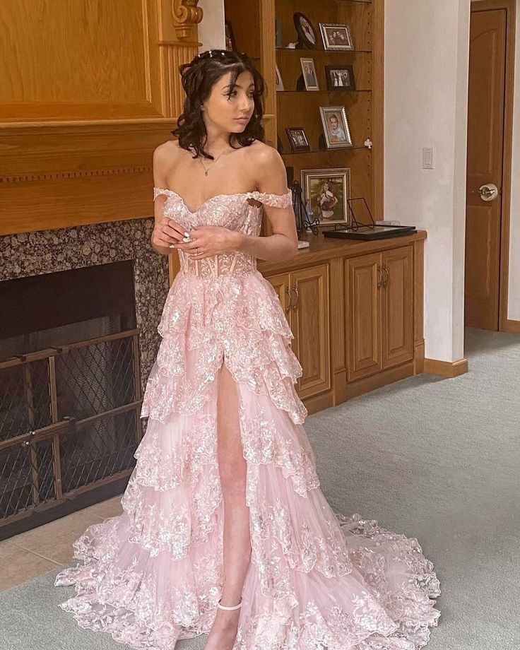 Pretty A-Line Off The Shoulder Pink Lace Slit Prom Dress Long Prom Dresses