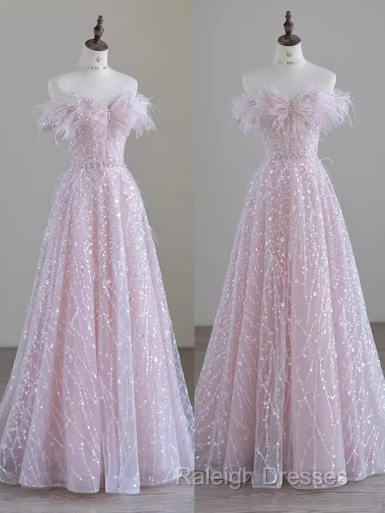 Pretty A Line Off The Shoulder Pink Sequin Long Evening Party Dress Prom Dresses