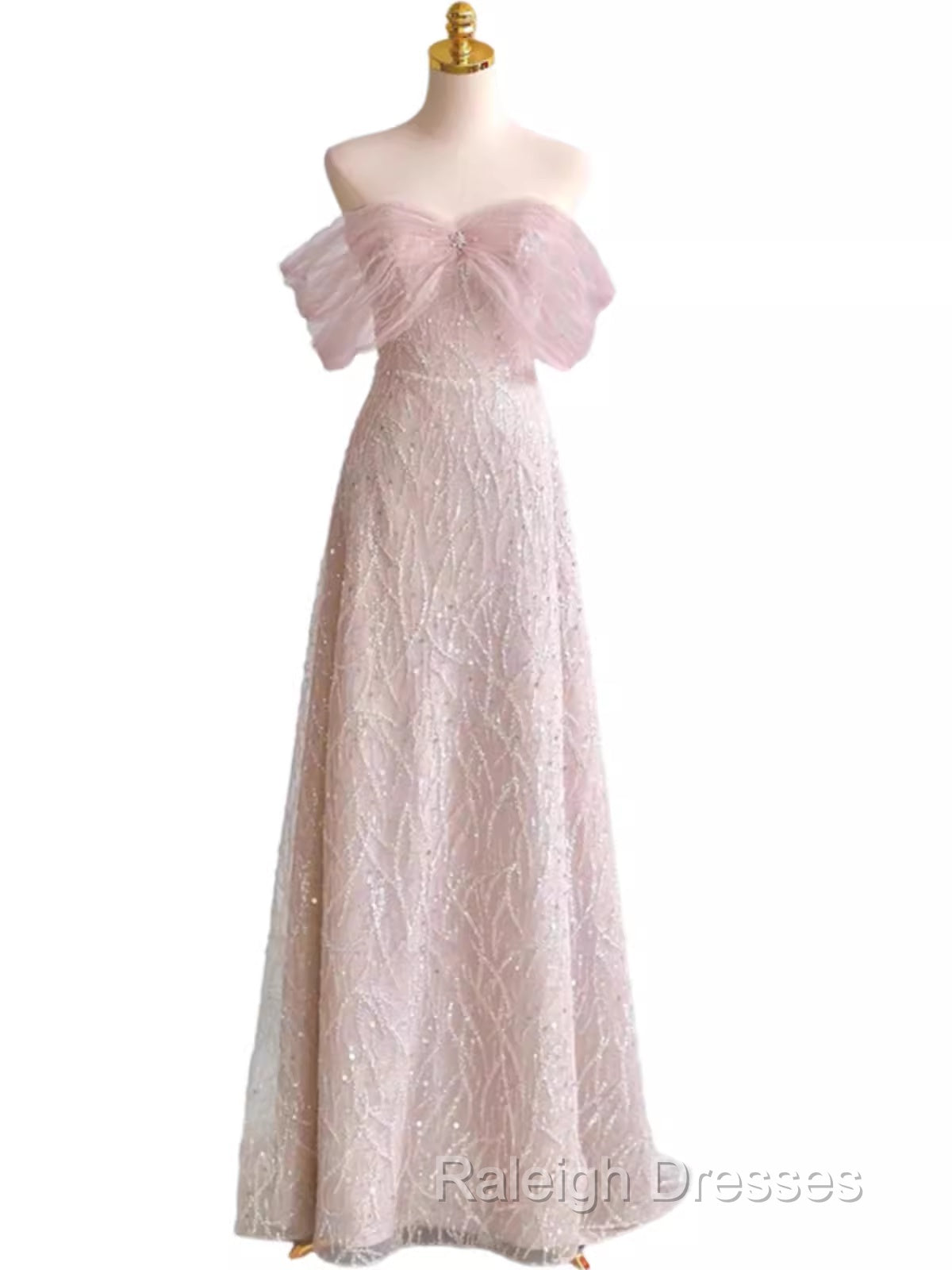 Pretty A Line Off The Shoulder Pink Sequin Long Evening Party Dress Prom Dresses With Beads Secondary image